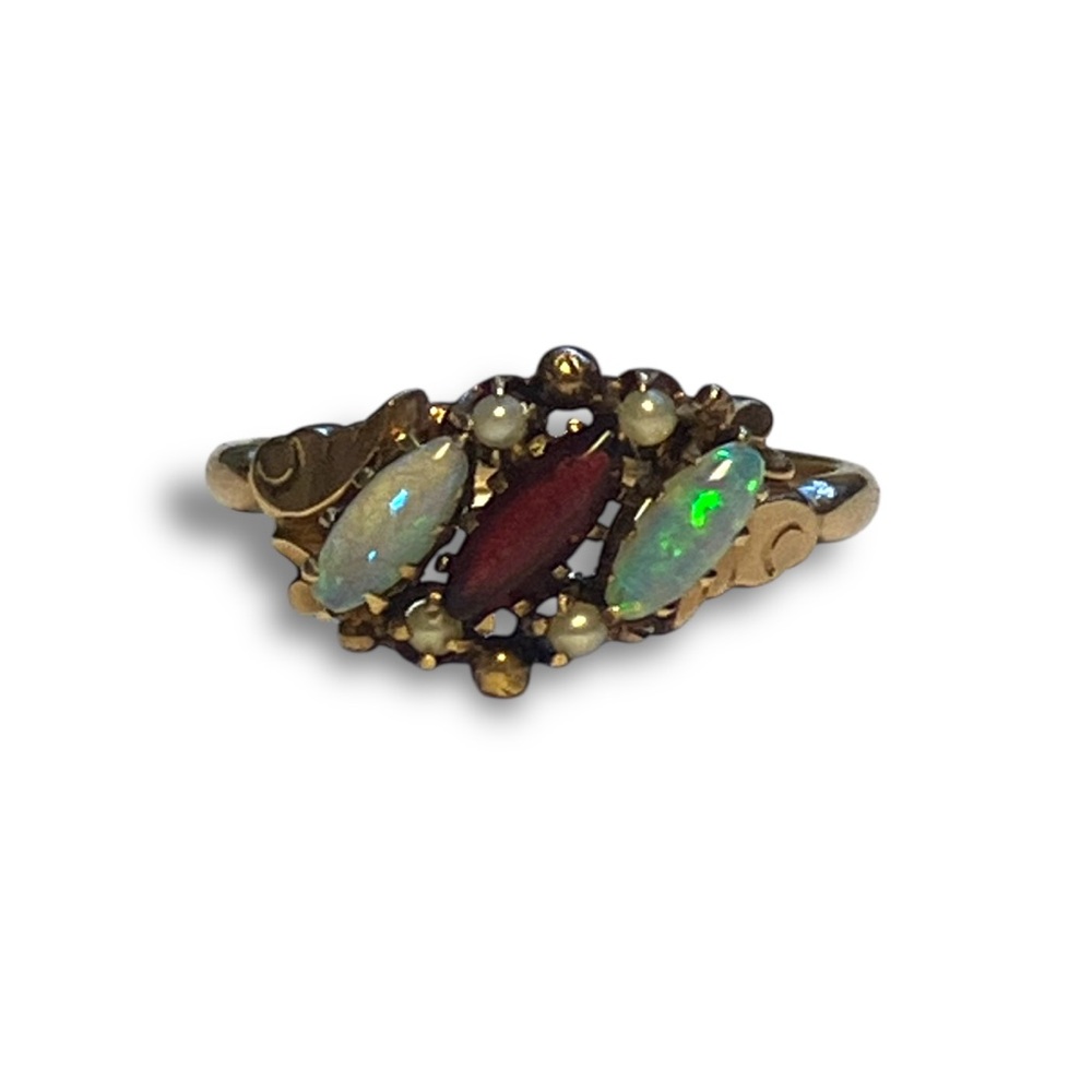 Antique 10k Gold Opal, Garnet & Seed Pearl Cluster Ring | Victorian-Edwardian - Picture 4 of 8